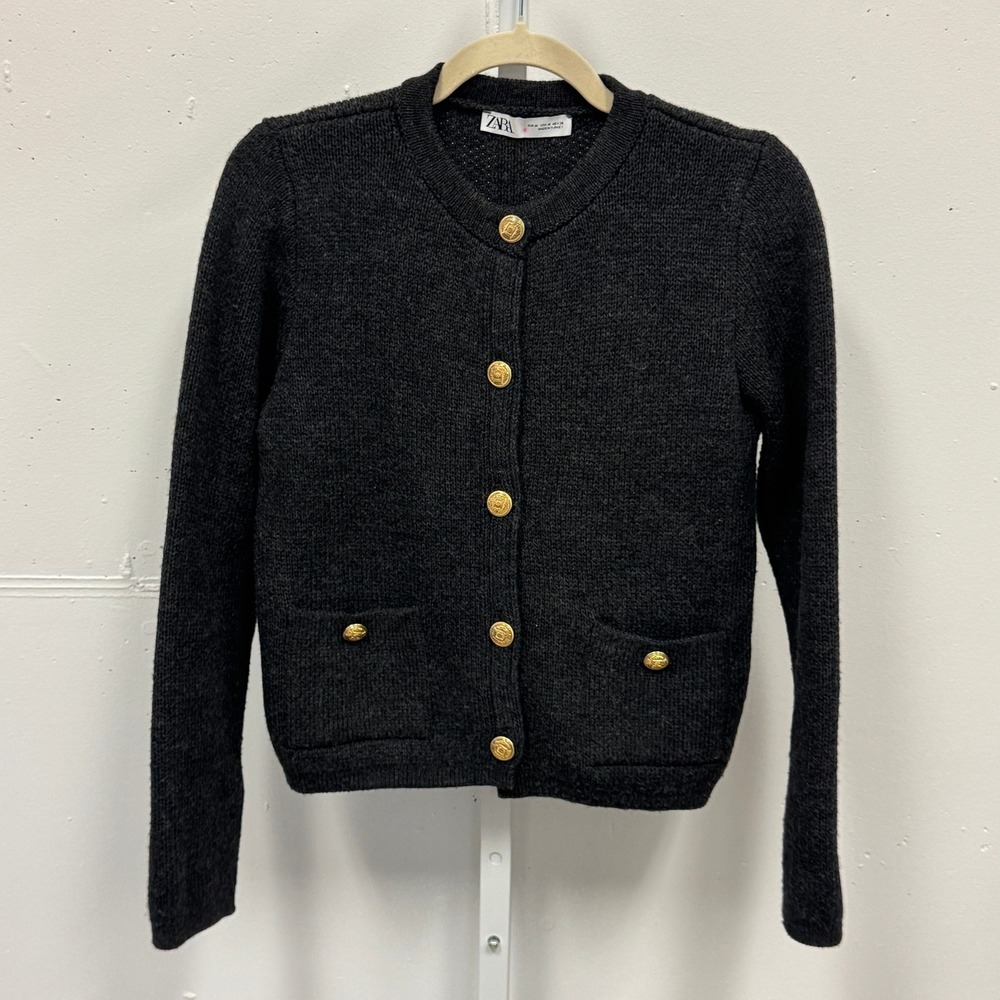 Zara Knit Cardigan Sweater Dark Grey Gold Crest Buttons Size Medium 6427/124/807